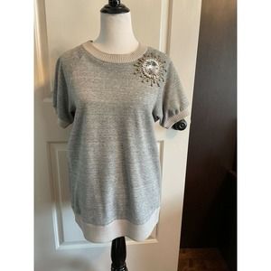 NWOT PETER SOM Gray Cotton Blend Short Sleeve Top Embellishment SZ L